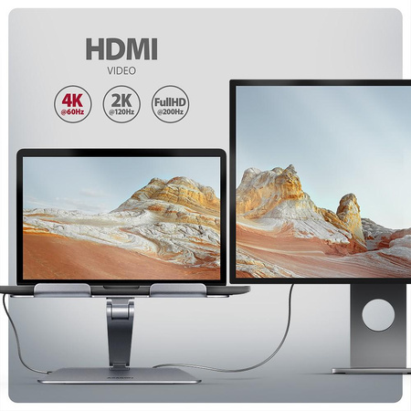 HMC-STND Stojak z wieloportowy hub Aluminiowy 7in1, 5Gbps, do 10"-16" cali laptopów, nastawny, 3x USB-A, HDMI 4K/60Hz, GLAN, PD 100W, 60cm USB-C kabel