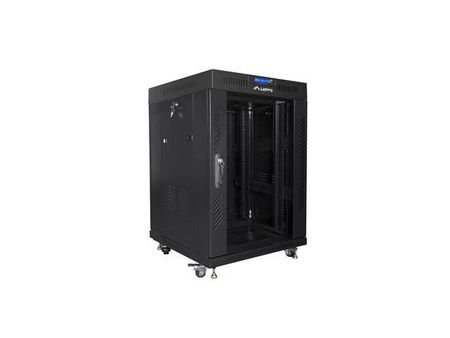 Szafa instalacyjna Rack stojąca 19" 15U 600x600 czarna drzwi szklane LCD Lanberg (flat pack)