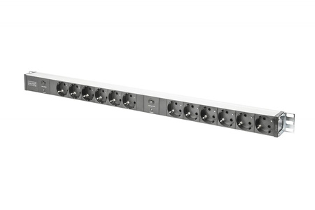 Listwa zasilająca PDU 19" RACK, 12x gniazdo Schuko, 2x 2m wtyk Unischuko, 16A, zabezpieczenie przeciążeniowe, profil aluminiowy