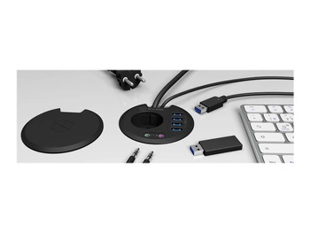 ICY BOX IB-HUB1430HUB do Biurka 4x USB 3.0 Typ-A z wejściem/wyjściem audio i gniazdem Schuko CEE 7/3 średnica 80 mm czarny