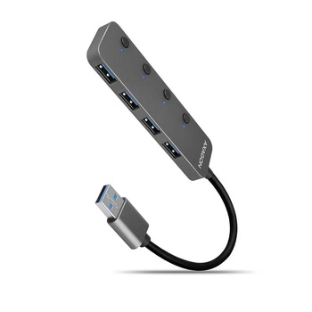 HUE-MSA Hub 4-portowy USB 3.2 Gen 1 switch, metalowy, 20cm USB-A kabel, microUSB dodatkowe zasilanie