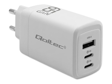 QOLTEC 51822 Ładowarka sieciowa 65W GaN 5/20V 3/3.35A 2 x USB C PD 1 x USB QC 3.0 Biała