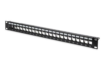 Panel krosowy (patch panel) modularny 19" 24 porty pod moduły keystone, 1U, ekranowany, prowadnica kabli, pola opisowe, czarny