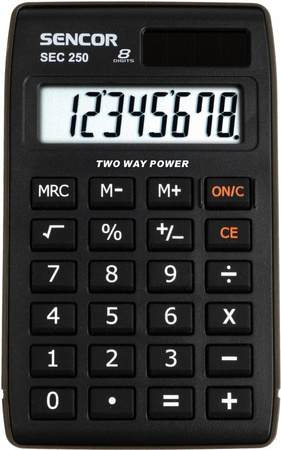 Kalkulator kieszonkowy SEC 250, 8 cyfr LCD, Podwójne zasilanie 