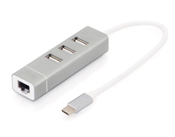 Hub/Koncentrator 3-portowy DIGITUS USB 2.0 HighSpeed Typ C z Fast Ethernet LAN adapter
