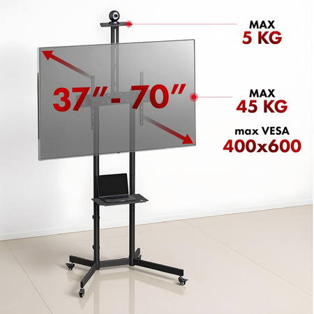 MACLEAN STAND / WÓZEK DO TV, PÓŁKA NA KAMERĘ, NA KÓŁKACH, 37-70", MAX. OBCIĄŻENIE 45KG/5KG PÓŁKA, MAX. VESA 600X400 MC-113 B