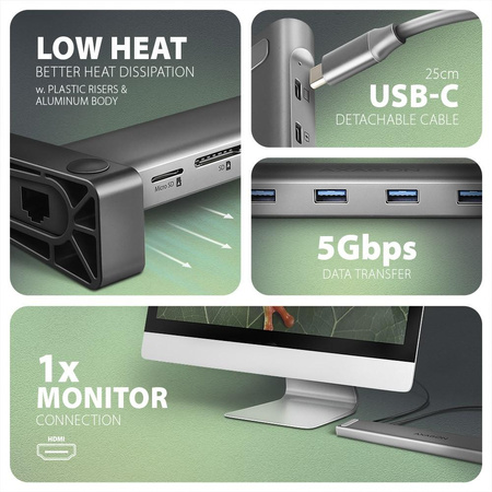 HMC-10HLS Wieloportowy hub USB 9in1, 5Gbps, 4x USB-A, HDMI 4K/60Hz, GLAN, SD/microSD, PD 100W, 25cm USB-C kabel