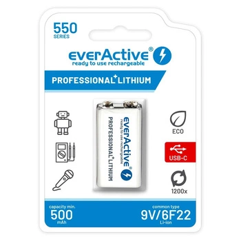EVERACTIVE AKUMULATOREK 6F22/9V LI-ION 550 MAH Z USB TYP C EVHR22-550C