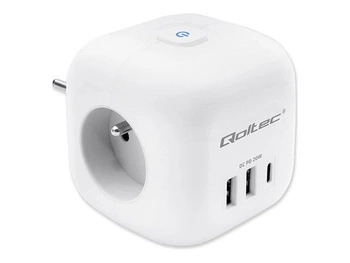 QOLTEC 52548 Kostka zasilająca przedłużacz 6w1 z podświetlanym włącznikiem 3x AC 2x USB 1x USB C PD 20W Biała