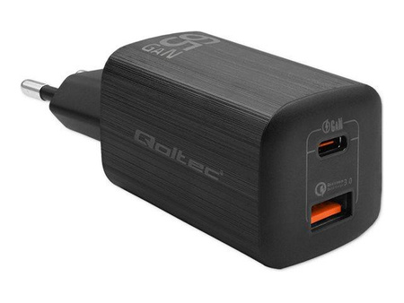 QOLTEC 50766 Ładowarka sieciowa 65W GaN ULTRA / 5-20V / 2.25 3.25A / 1 x USB typ C PD / 1 x USB / Czarna